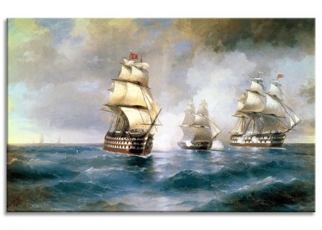 Фото репродукции картины художника Айвазовский И.К. "Бриг "Меркурий"атакованный двумя турецкими кораблями"