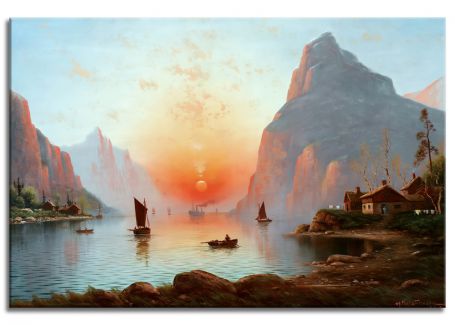 Фото репродукции картины художника Нильс Ганс Кристиансен "Закат над бухтой"